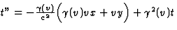 $t''=-\frac{\gamma(v)}{c^2}\Bigl(\gamma(v)vx+vy\Bigr)+\gamma^2(v)t$