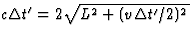 $c\Delta t^\prime = 2\sqrt{L^2+(v\Delta t^\prime/2)^2}$